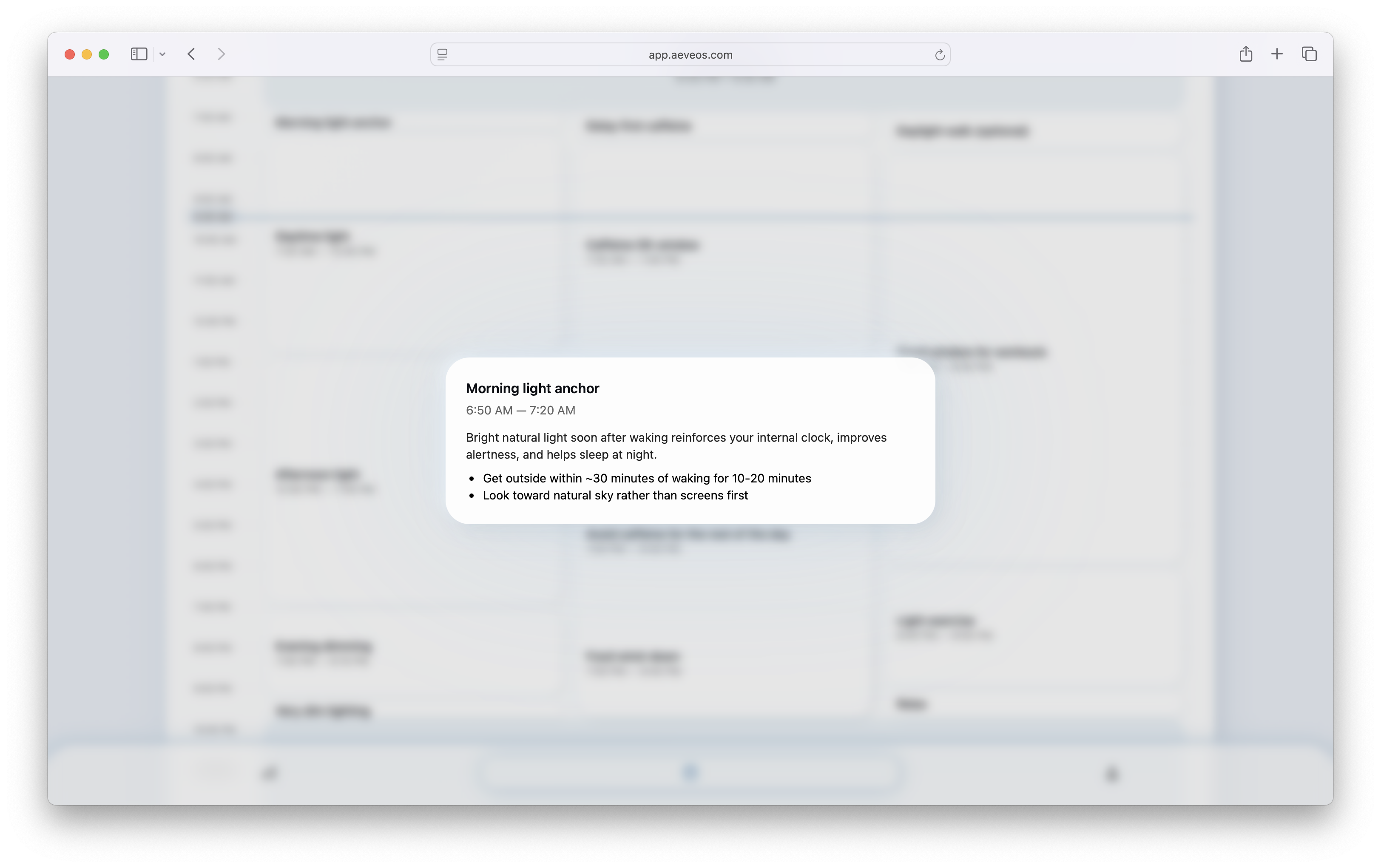 A screenshot of the Aeveos app.