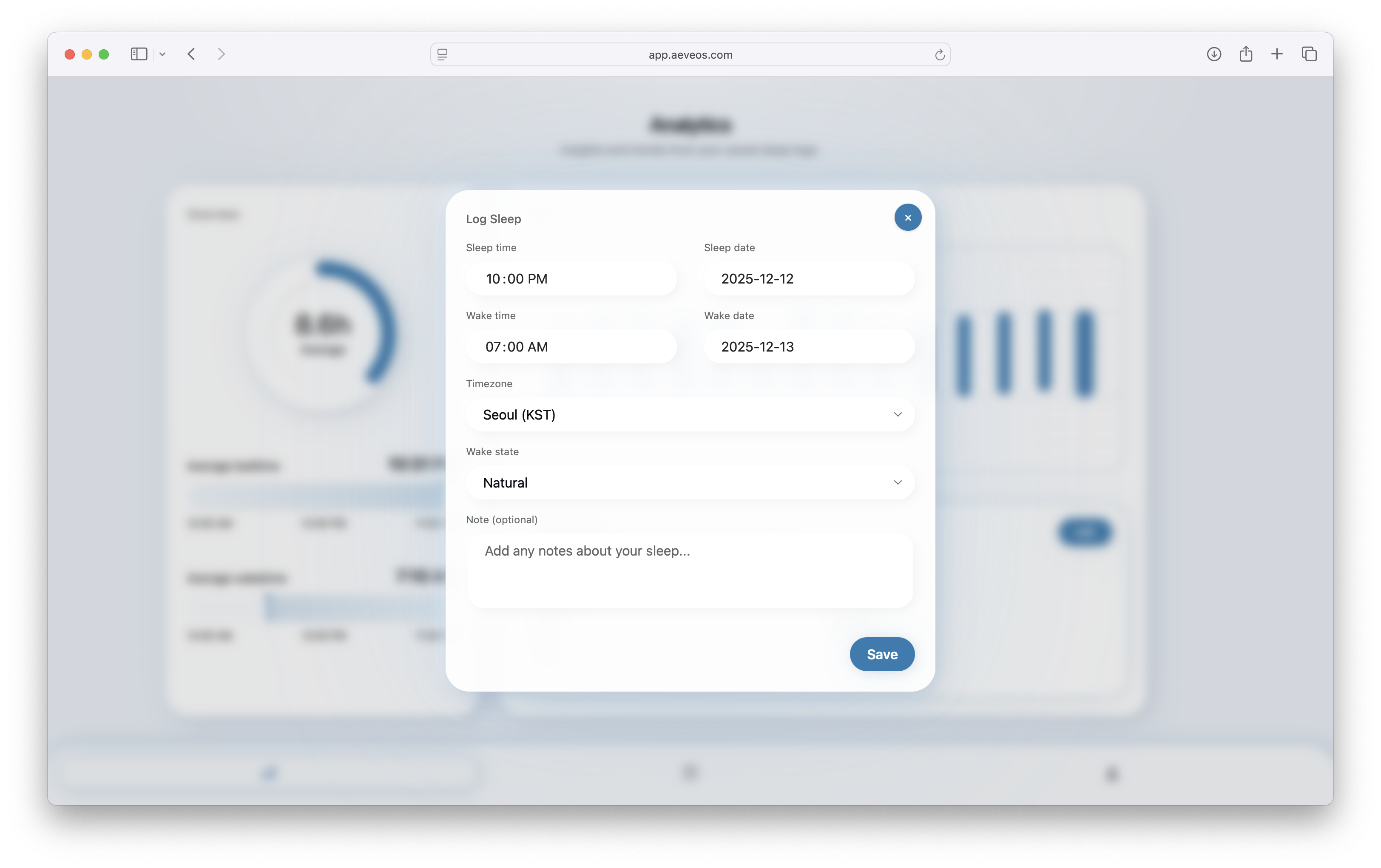 A screenshot of the Aeveos app.