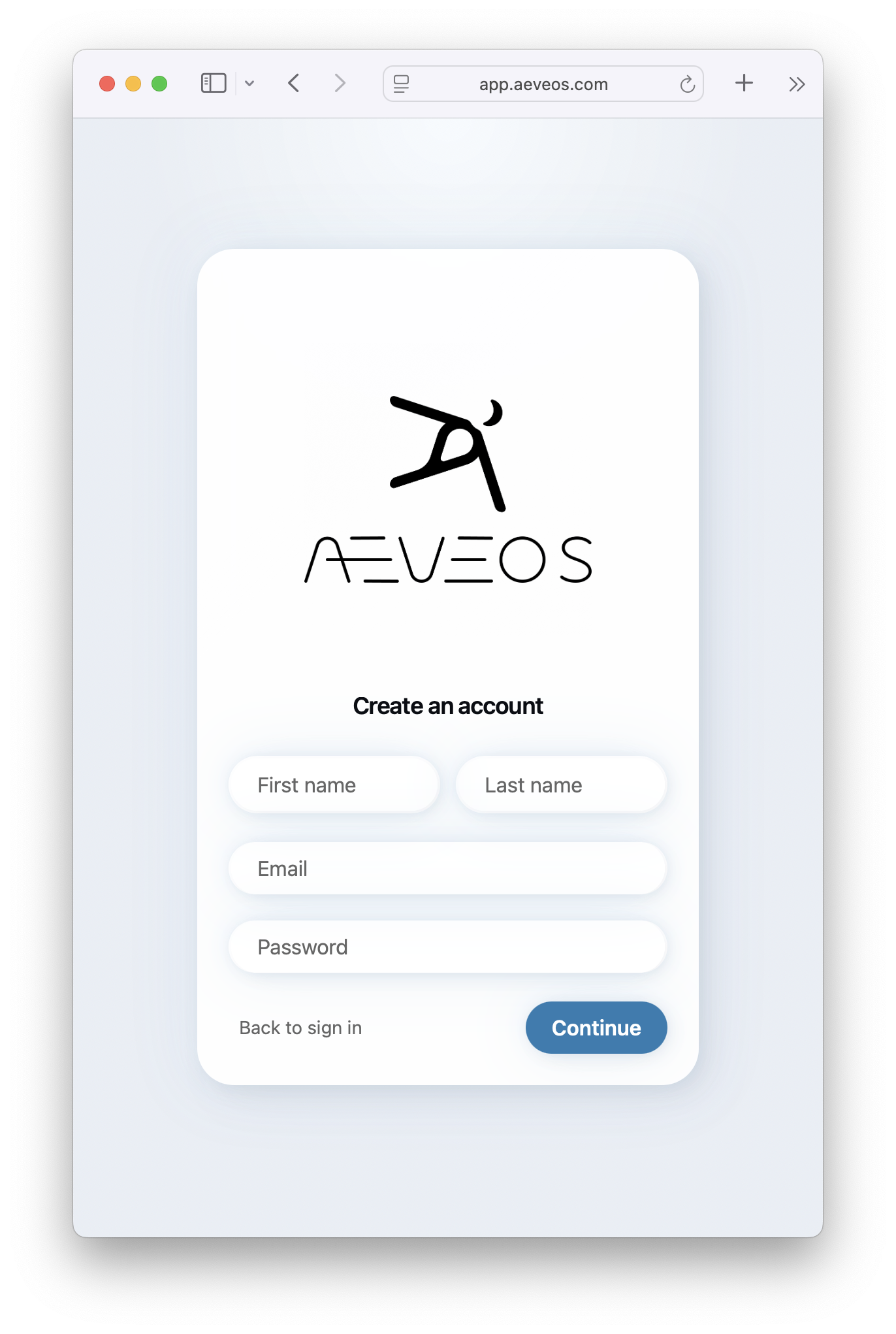 A screenshot of the Aeveos app.
