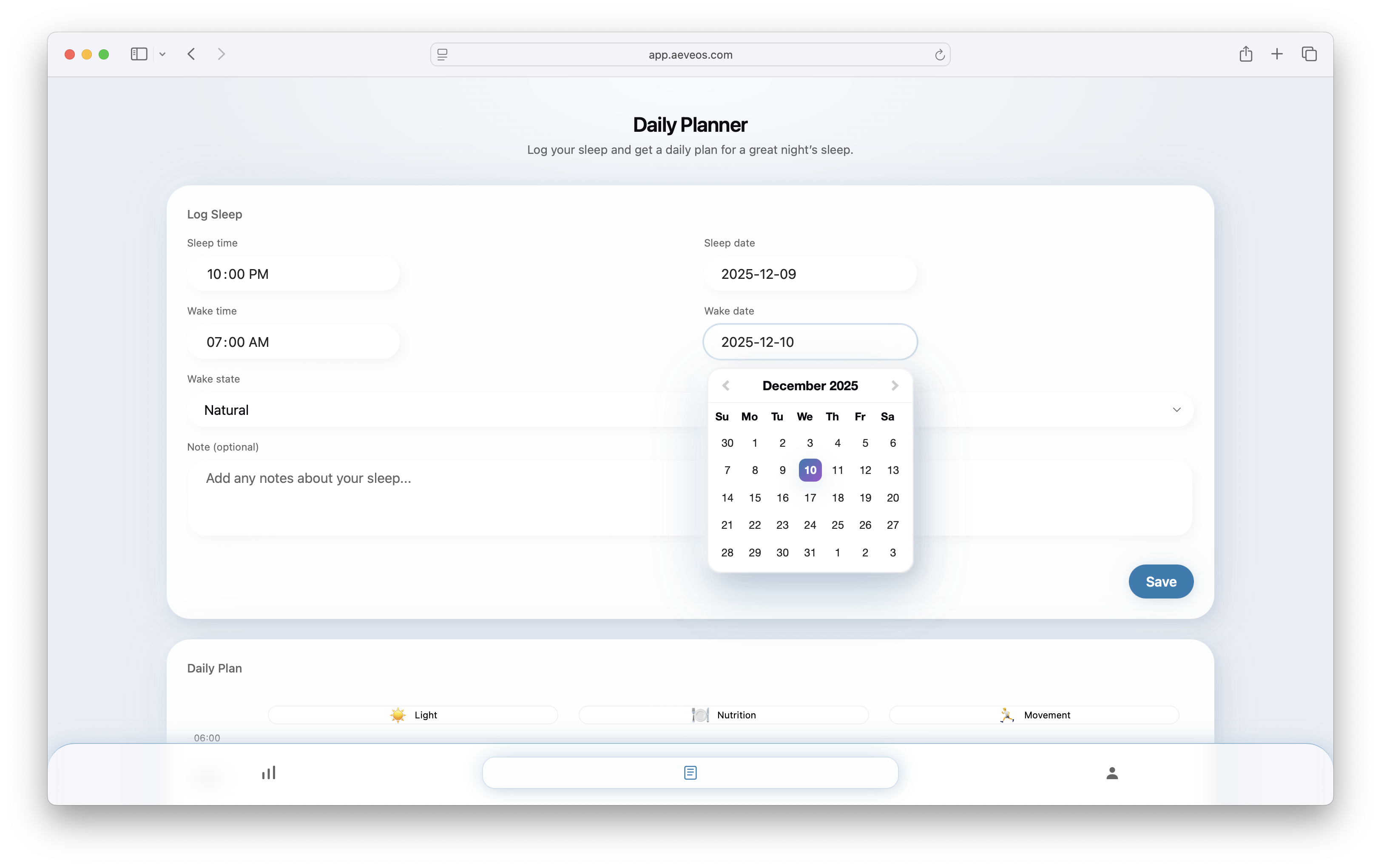 A screenshot of the Aeveos app.