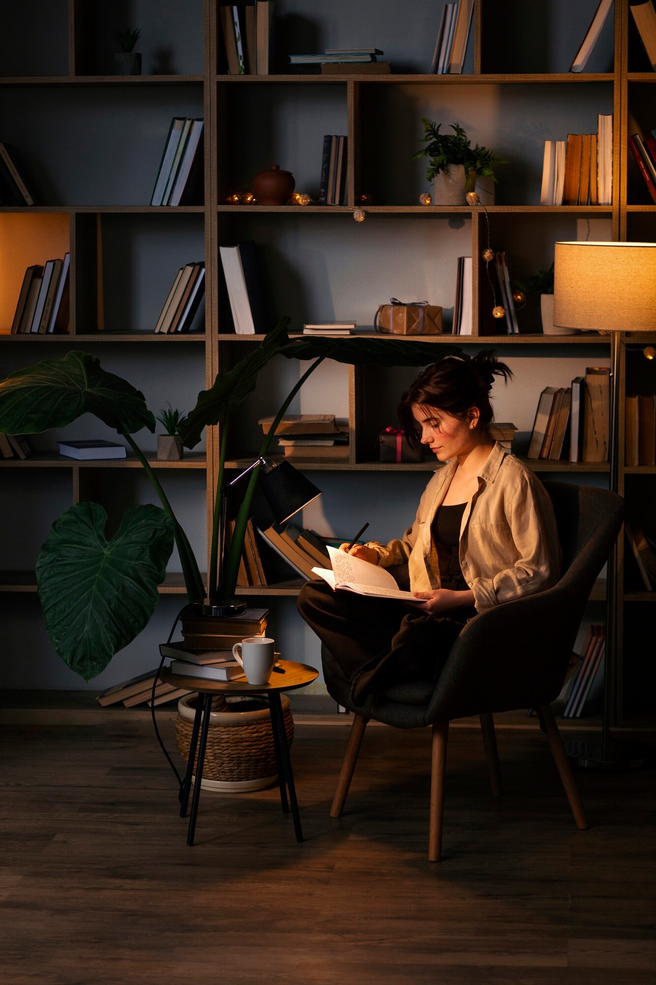 현대적인 안락의자에 다리를 꼬고 앉아 펜으로 노트에 글을 쓰는 사람. 아늑하고 따뜻한 조명의 방에는 책과 장식품이 가득한 높은 책장, 큰 잎의 식물, 머그잔이 놓인 작은 테이블이 있다. 분위기는 차분하고 집중적이며, 조용한 성찰이나 공부의 순간을 암시한다.