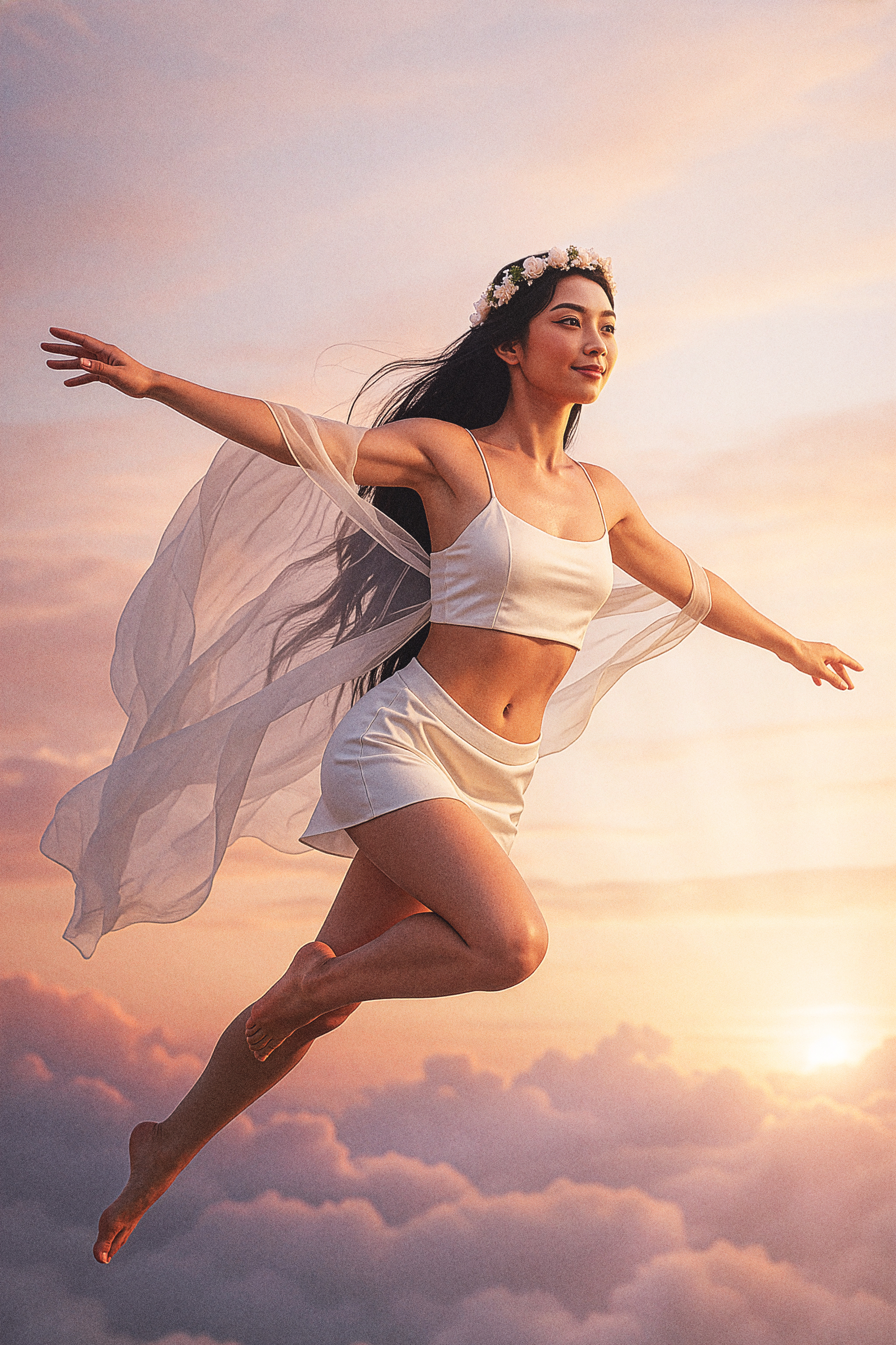 Eos Nova, the Lumineos/Aeveos brand character, soars above soft dawn clouds with a translucent cape and floral headband, reaching toward a glowing sunrise—symbolizing the dawn of a brighter day and the promise of better sleep tonight for a brighter tomorrow.